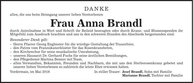 Traueranzeige Anna Brandl