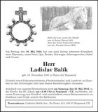 Traueranzeige Ladislav Balik