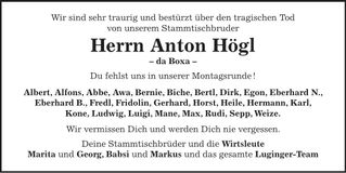 Traueranzeige Anton Högl