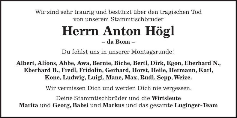 Traueranzeige Anton Högl