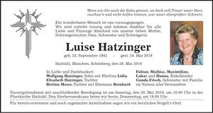 Traueranzeige Luise Hatzinger