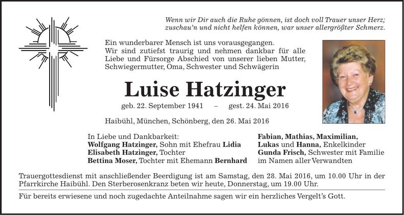 Traueranzeige Luise Hatzinger