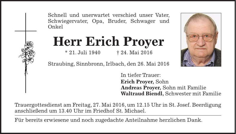 Traueranzeige Erich Proyer