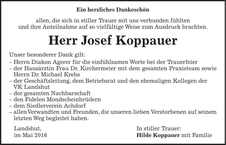 Traueranzeige Josef Koppauer