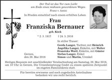 Traueranzeige Franziska Bernauer