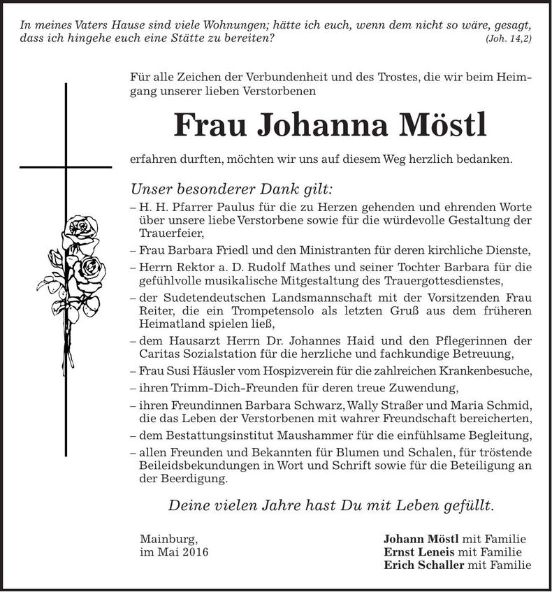 Traueranzeige Johanna Möstl