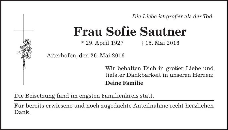 Traueranzeige Sofie Sautner