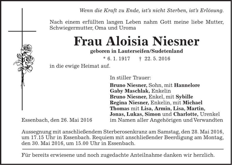 Traueranzeige Aloisia Niesner