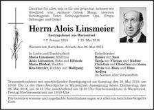Traueranzeige Alois Linsmeier