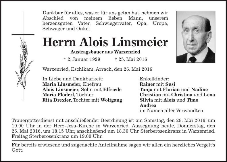 Traueranzeige Alois Linsmeier