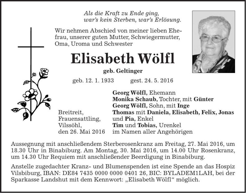 Traueranzeige Elisabeth Wölfl