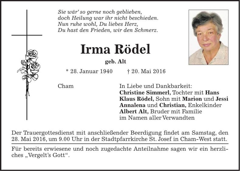 Traueranzeige Irma Rödel