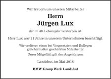 Traueranzeige Jürgen Lux