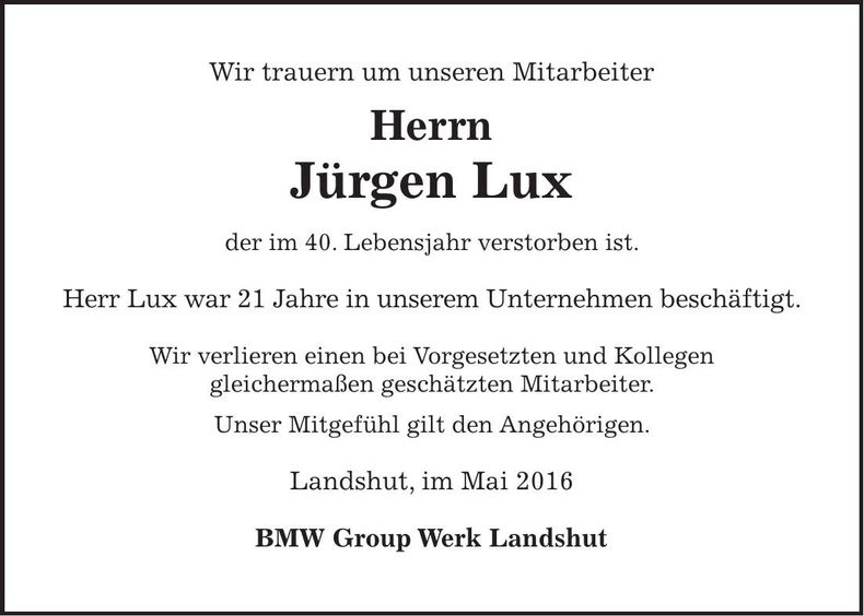 Traueranzeige Jürgen Lux