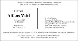 Traueranzeige Alfons Veitl