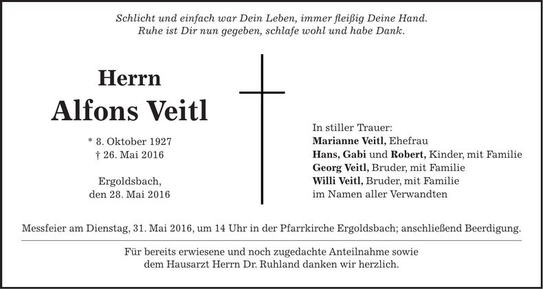 Traueranzeige Alfons Veitl