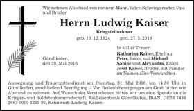 Traueranzeige Ludwig Kaiser