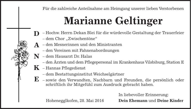 Traueranzeige Marianne Geltinger