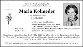 Traueranzeige Maria Kolmeder