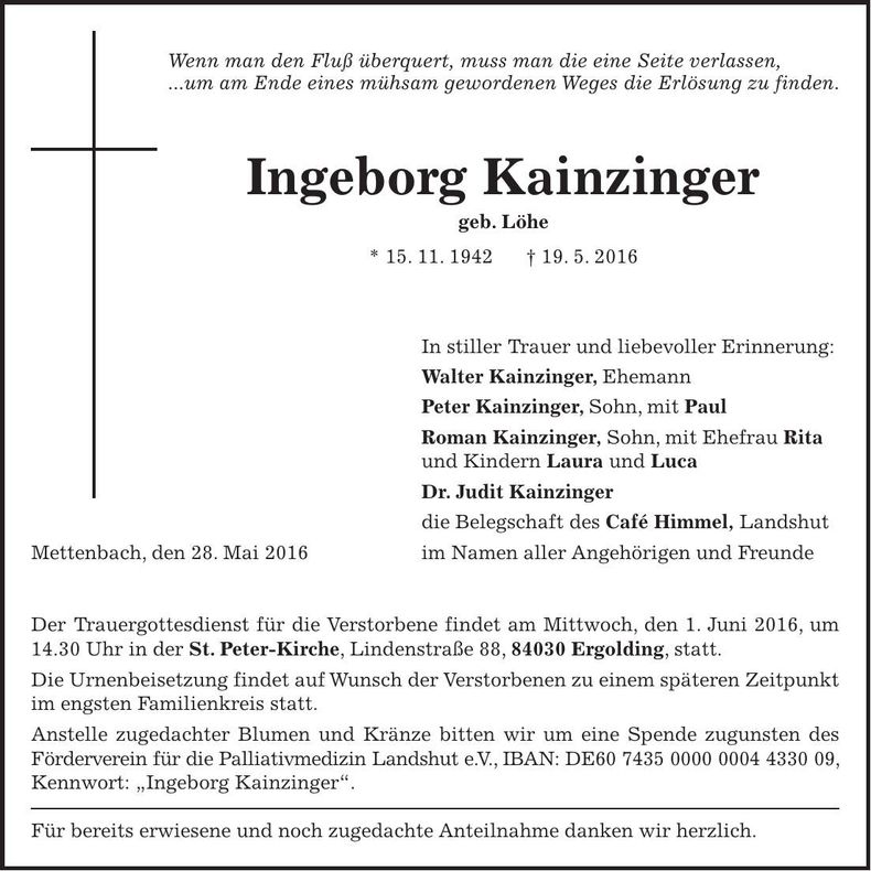 Traueranzeige Ingeborg Kainzinger