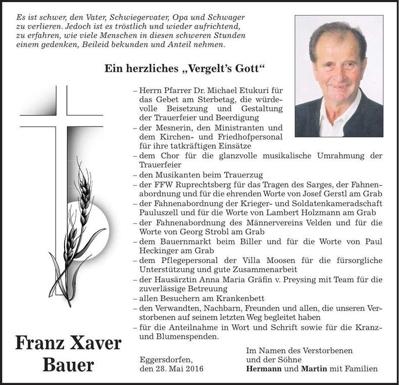 Traueranzeige Franz Xaver Bauer