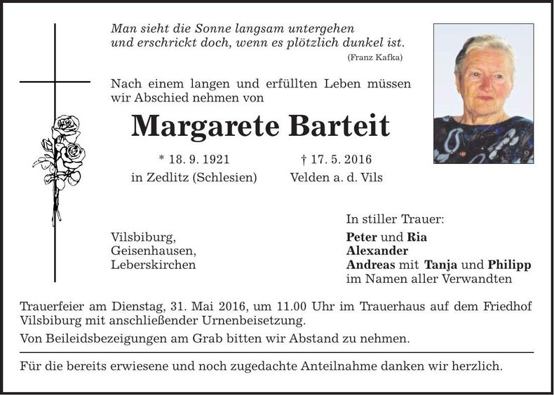 Traueranzeige Margarete Barteit