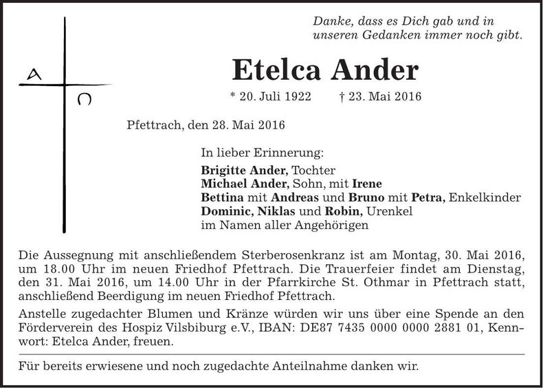 Traueranzeige Etelca Ander