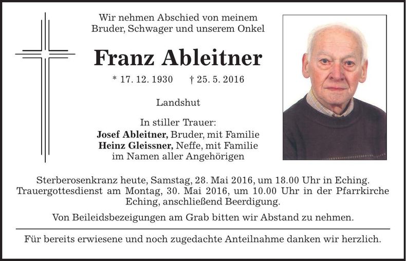 Traueranzeige Franz Ableitner