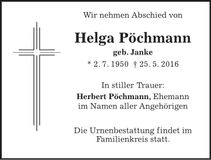 Traueranzeige Helga Pöchmann
