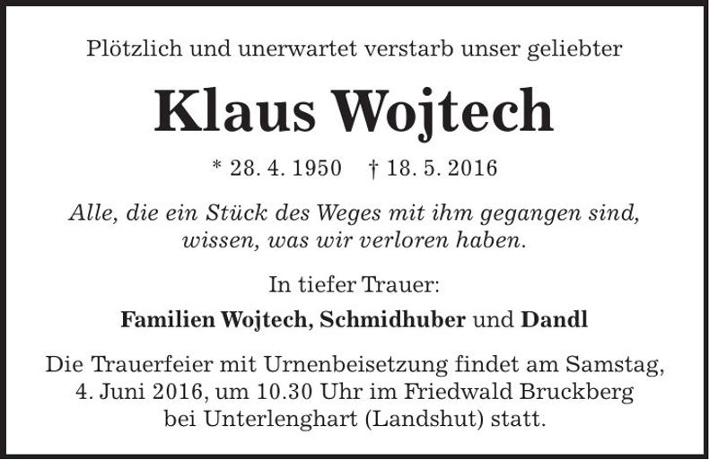 Traueranzeige Klaus Wojtech