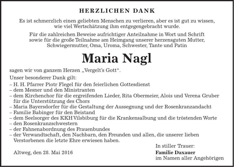 Traueranzeige Maria Nagl