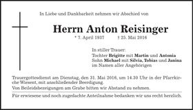 Traueranzeige Anton Reisinger