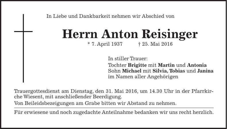 Traueranzeige Anton Reisinger
