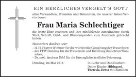 Traueranzeige Maria Schlechtiger