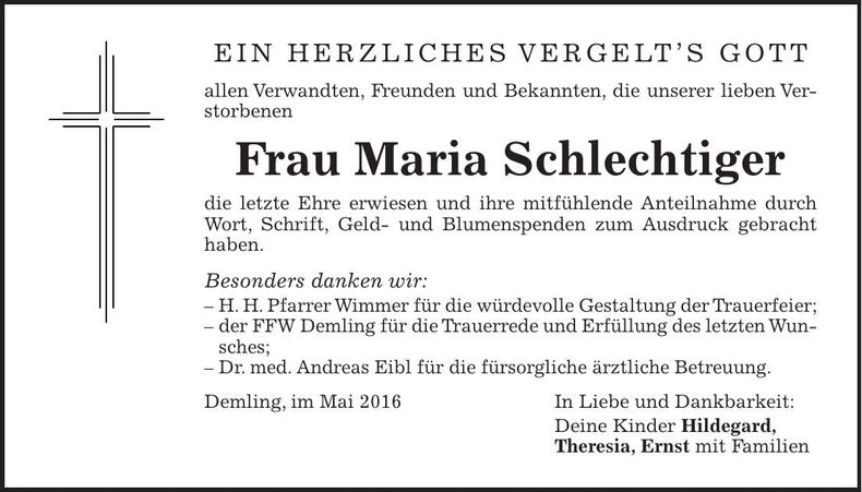 Traueranzeige Maria Schlechtiger