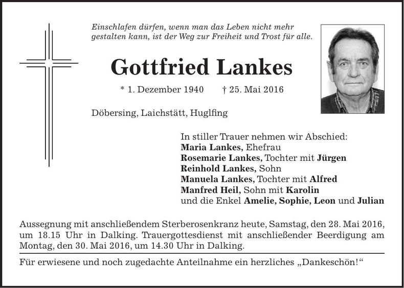 Traueranzeige Gottfried Lankes