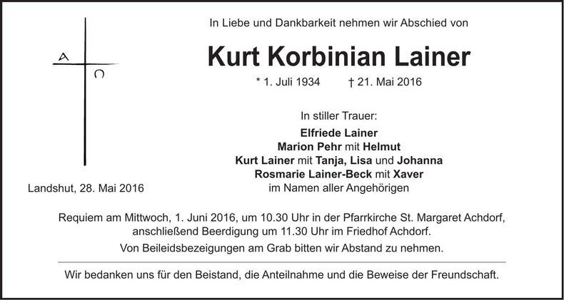 Traueranzeige Kurt Korbinian Lainer