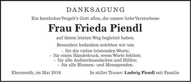 Traueranzeige Frieda Piendl