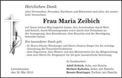 Traueranzeige Maria Zeibich