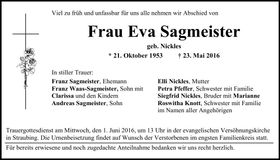 Traueranzeige Eva Sagmeister