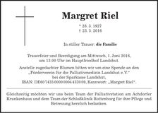 Traueranzeige Margret Riel