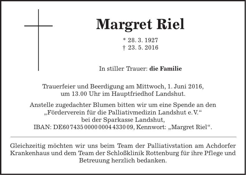 Traueranzeige Margret Riel