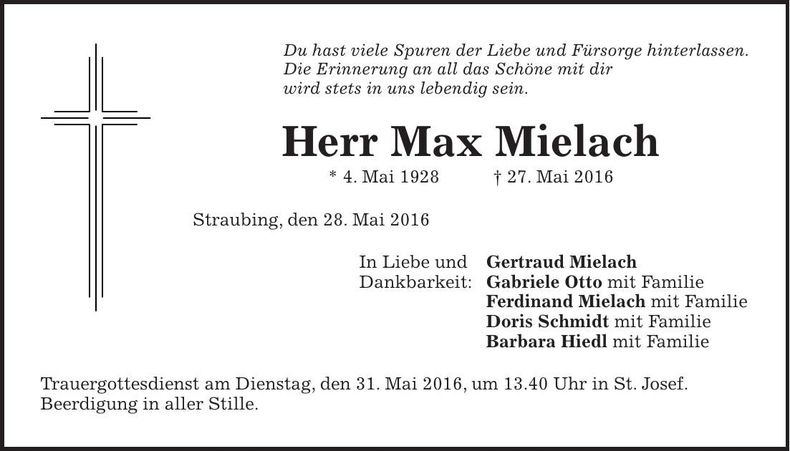 Traueranzeige Max Mielach