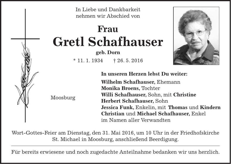 Traueranzeige Gretl Schafhauser