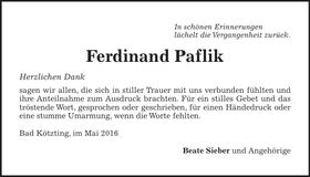 Traueranzeige Ferdinand Paflik