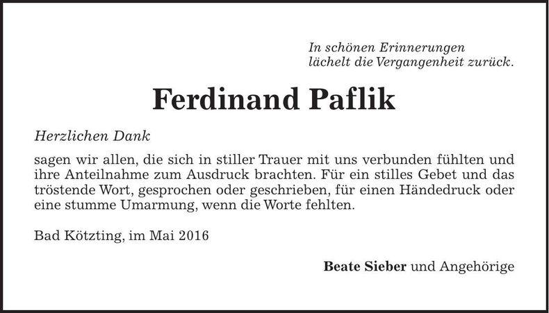 Traueranzeige Ferdinand Paflik