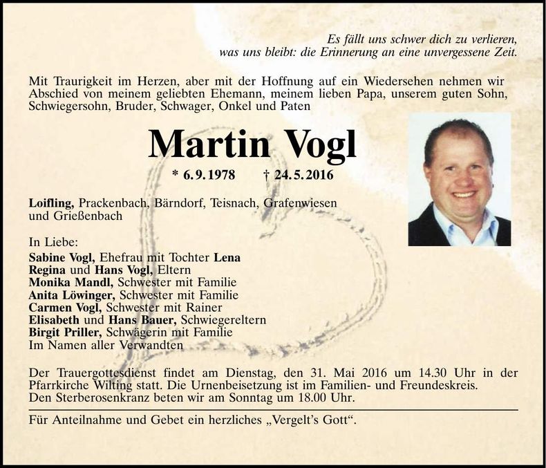 Traueranzeige Martin Vogl
