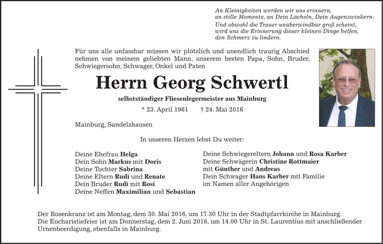 Traueranzeige Georg Schwertl