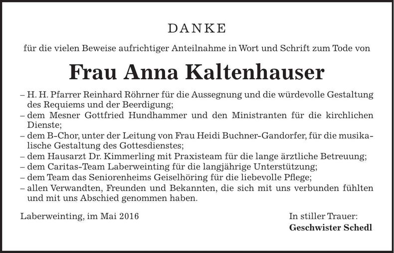 Traueranzeige Anna Kaltenhauser