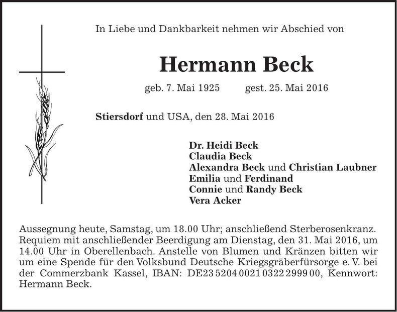 Traueranzeige Hermann Beck